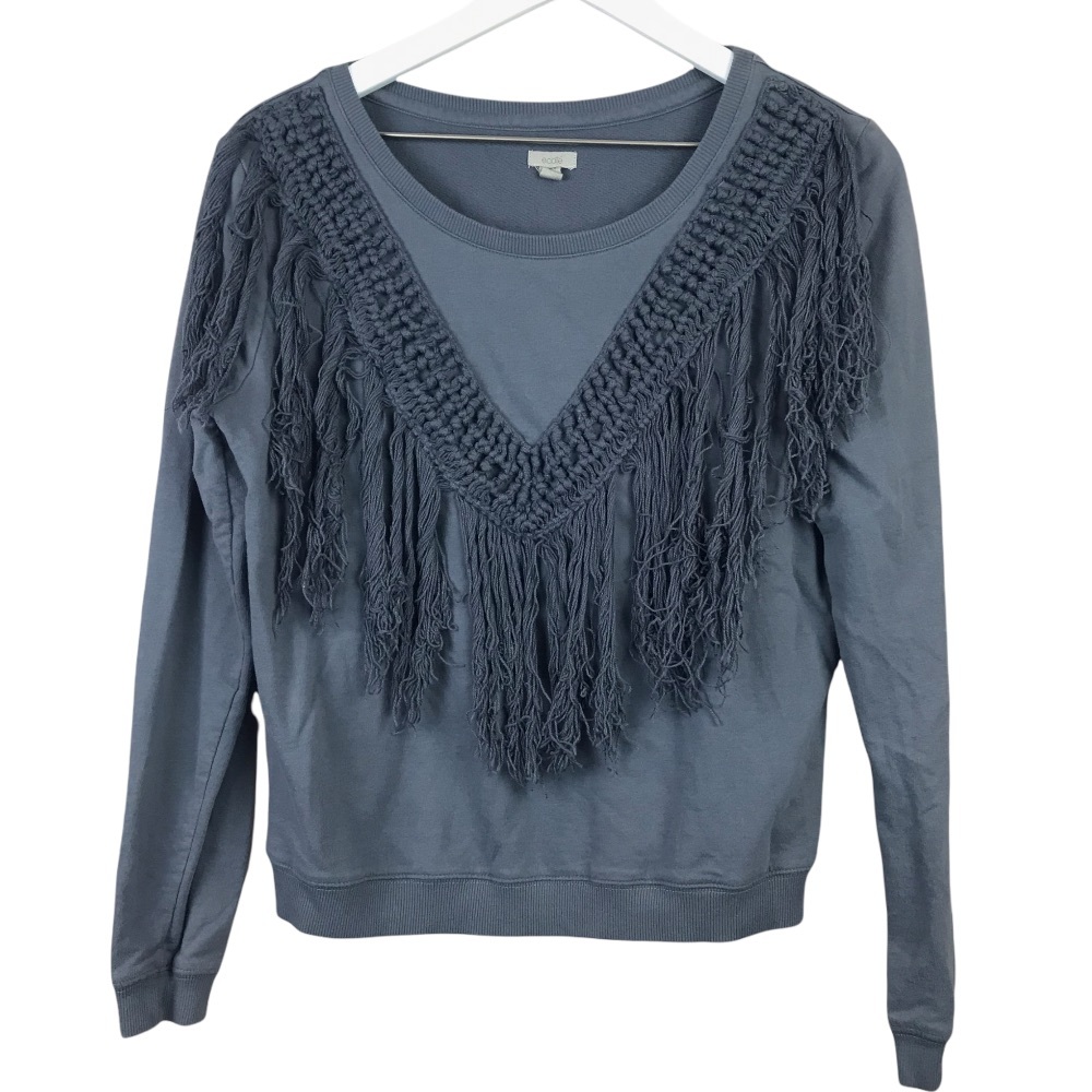 Ecote Boho Chic Grey Crochet Fringe Pullover Top Women Sz M